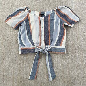 Anthropologie Drew Stripe Linen Smocked Crop Top S